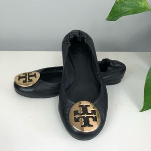 Tory Burch Leather Reva Flats Black Gold 6M